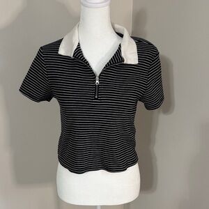 Black and White Striped Zip Polo Crop Top